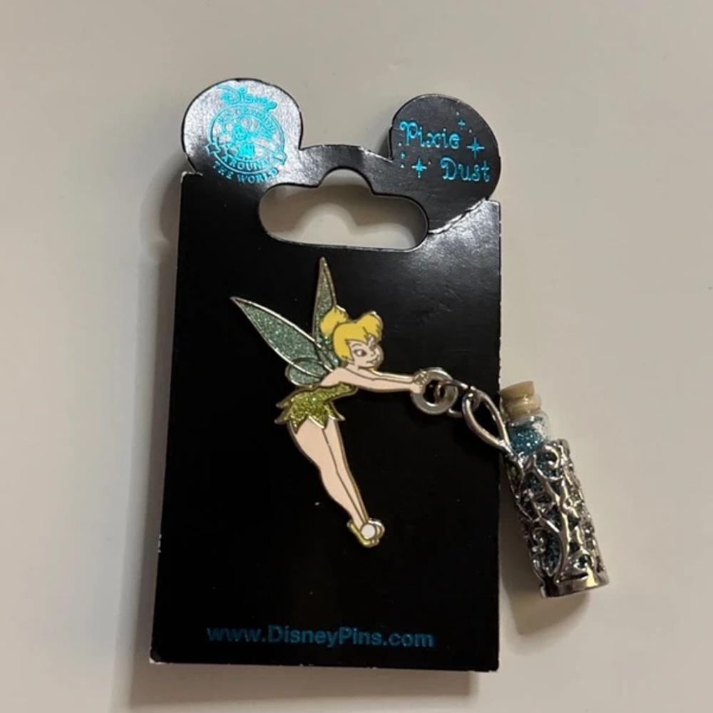 Disney Tinker Bell Brooch with Green Glitter Wings and Silver Pixie Dust Vial